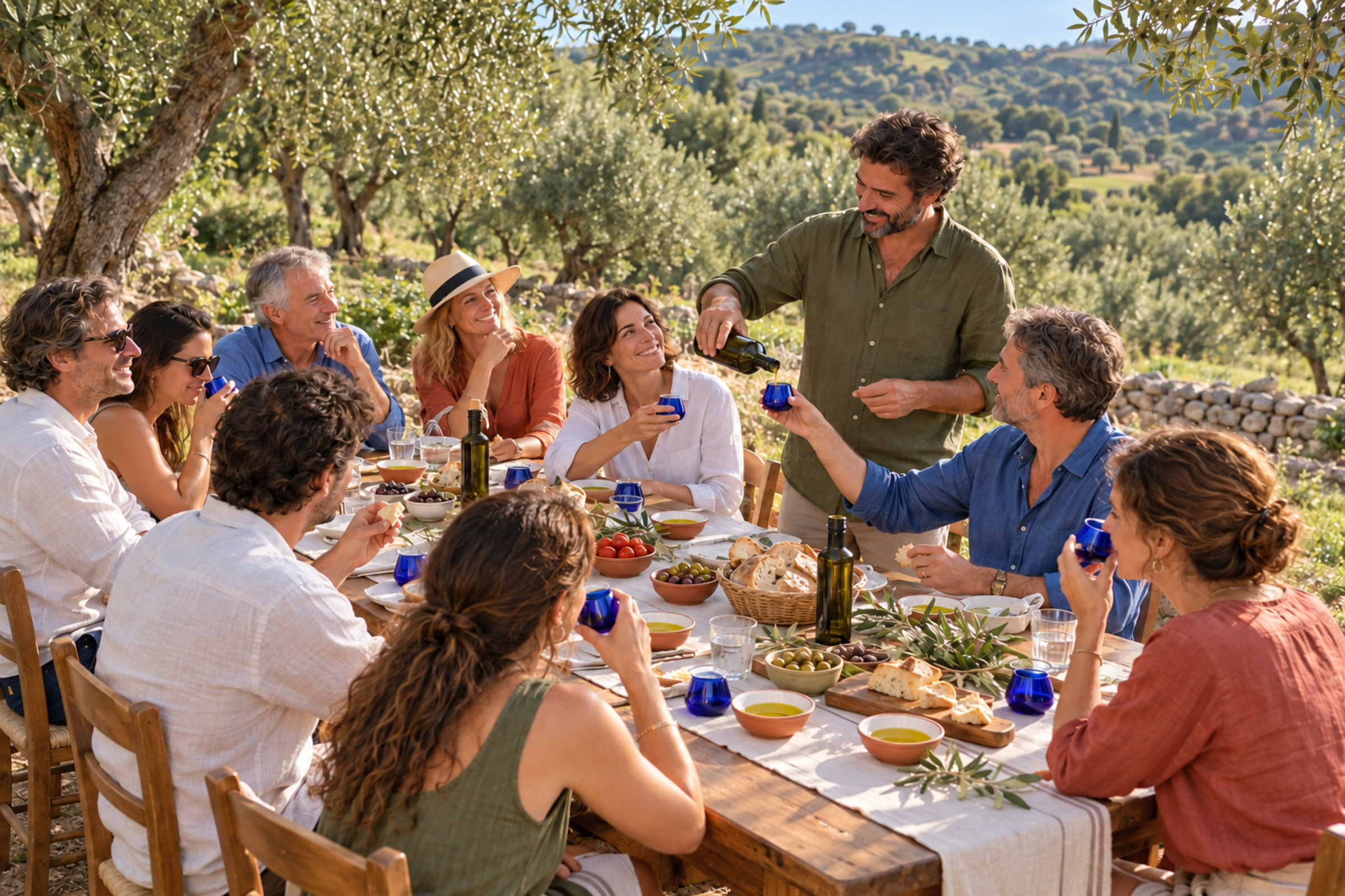 Una tavolata all’aperto fra gli ulivi, con pane, olio e ospiti riuniti per la degustazione.