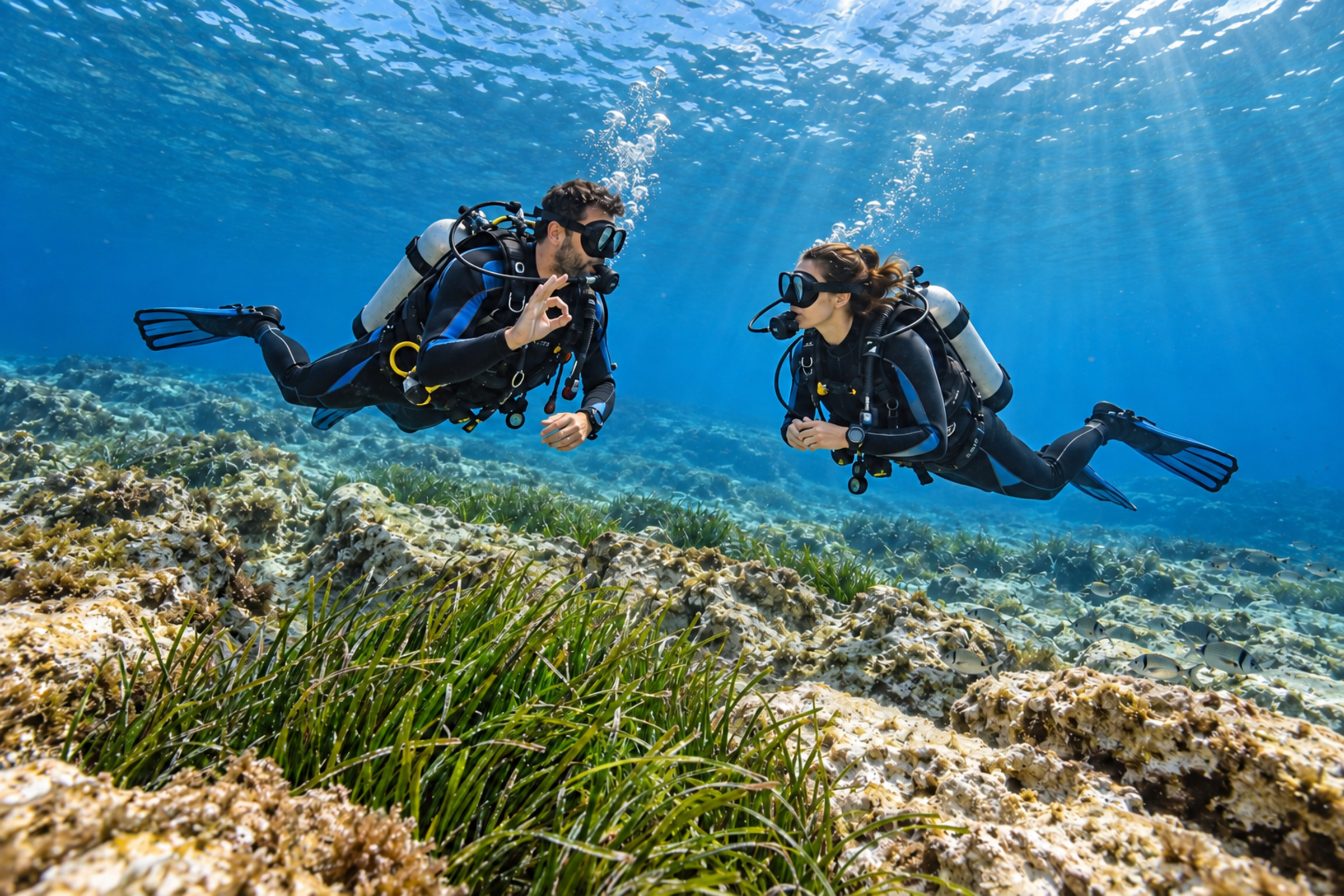 Due subacquei nuotano sopra un fondale di roccia e posidonia.