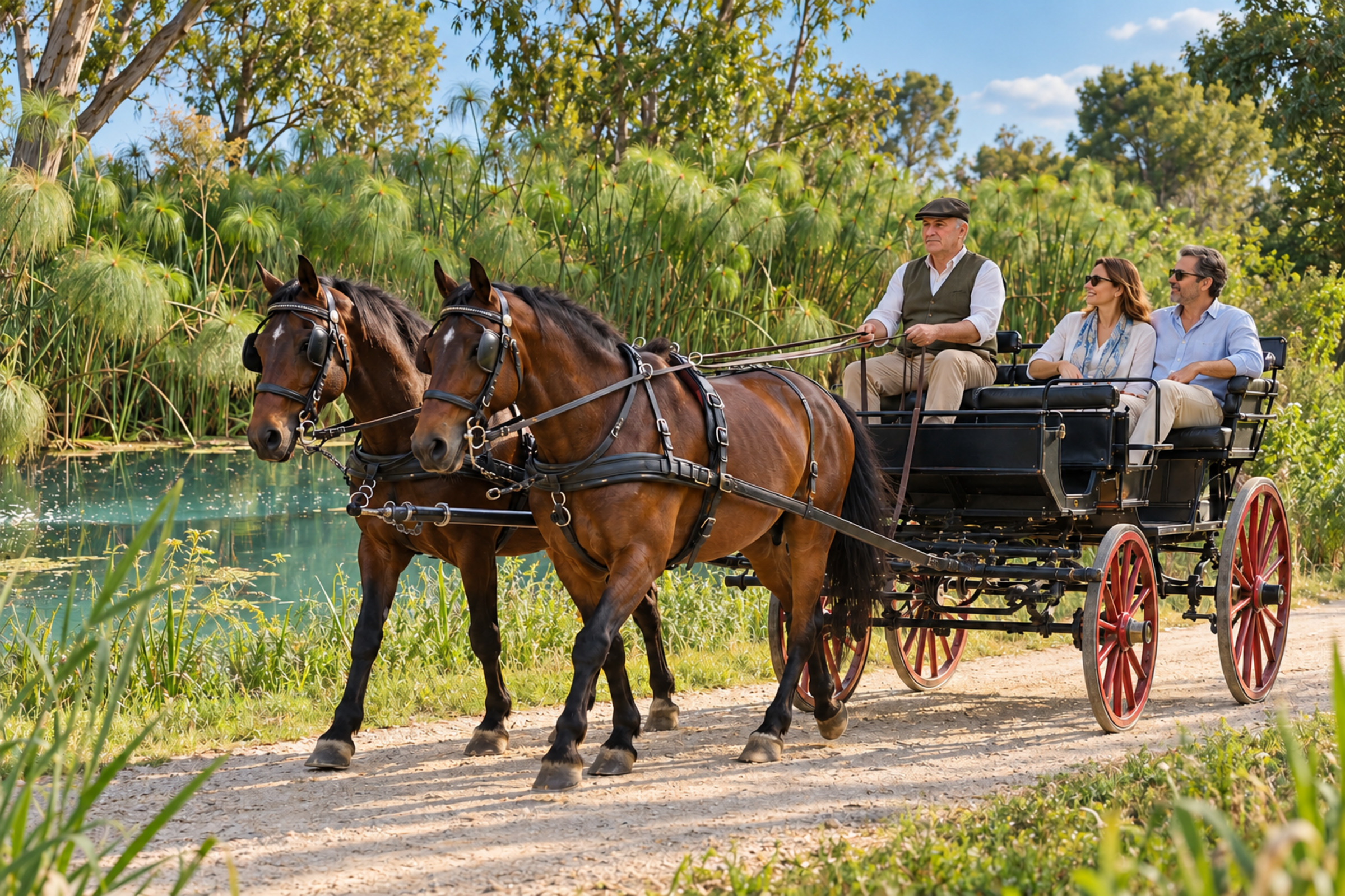 Una carrozza a due cavalli percorre il sentiero accanto all’acqua e ai papiri.