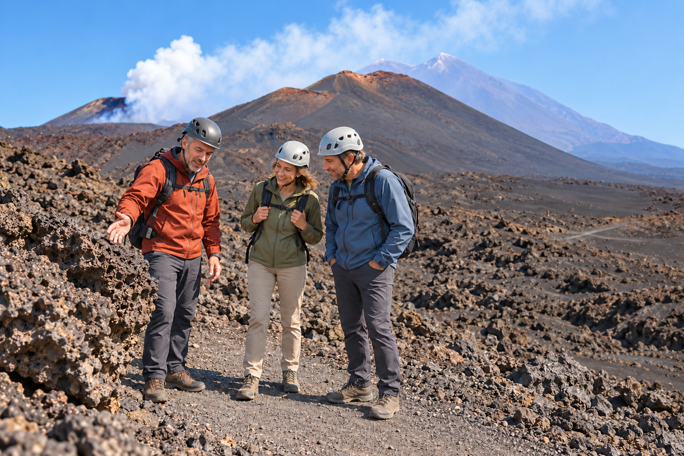 Un piccolo gruppo accompagnato esplora il paesaggio vulcanico dell’Etna.