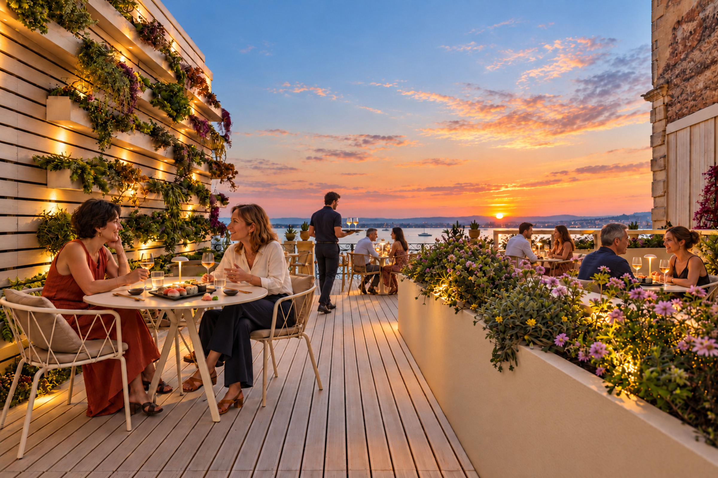 Ospiti e personale fra i tavoli della terrazza, con sushi e tramonto sul mare.