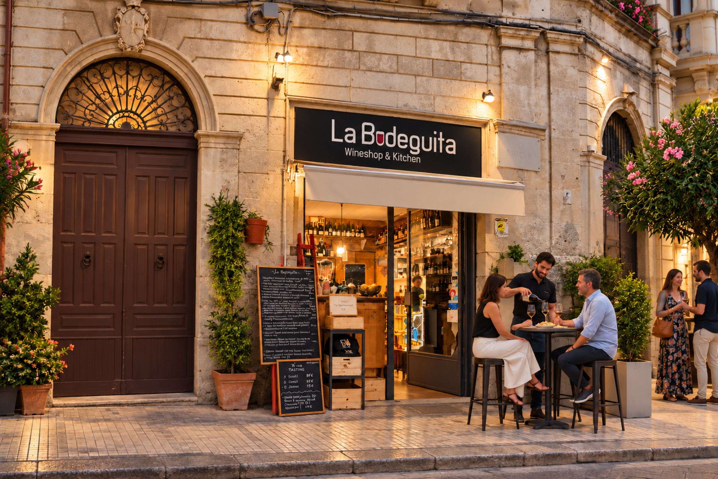 Ospiti ai tavoli all’aperto davanti all’ingresso in pietra della Bodeguita.