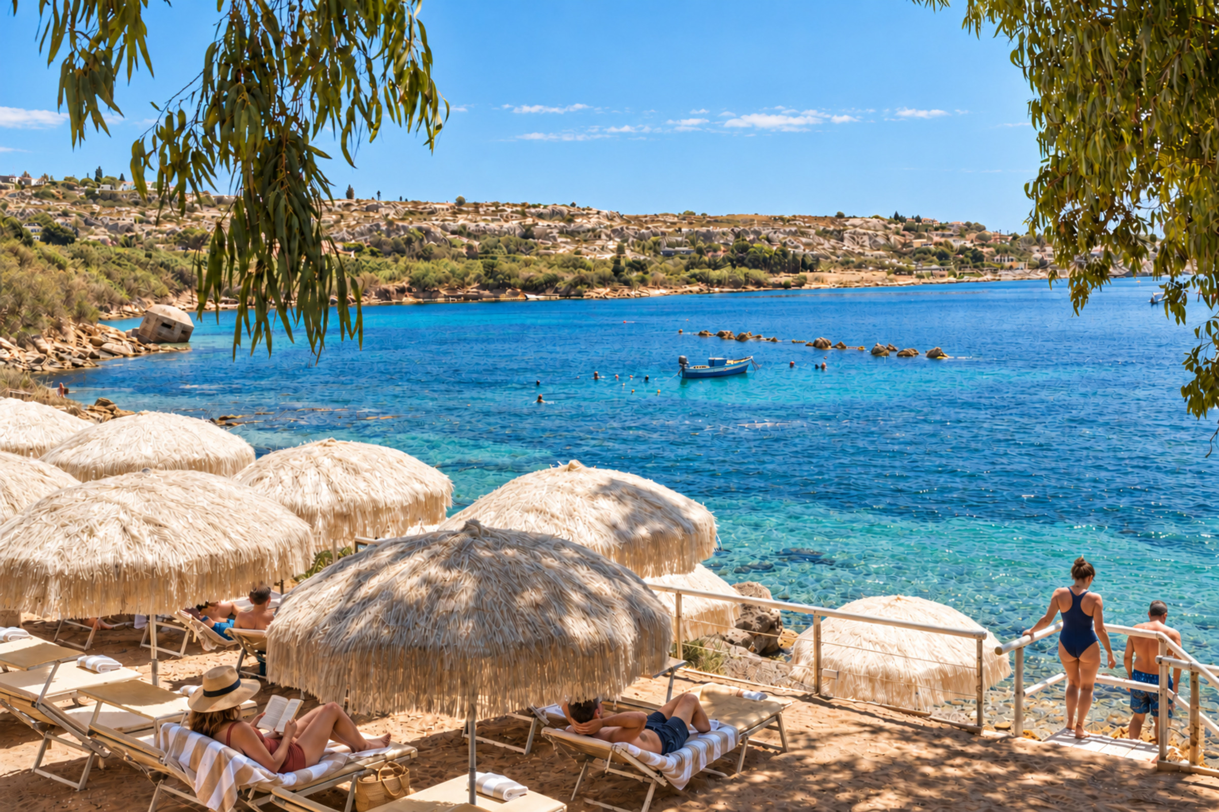 Ombrelloni, lettini e una scala verso il mare al lido Plemmiria.
