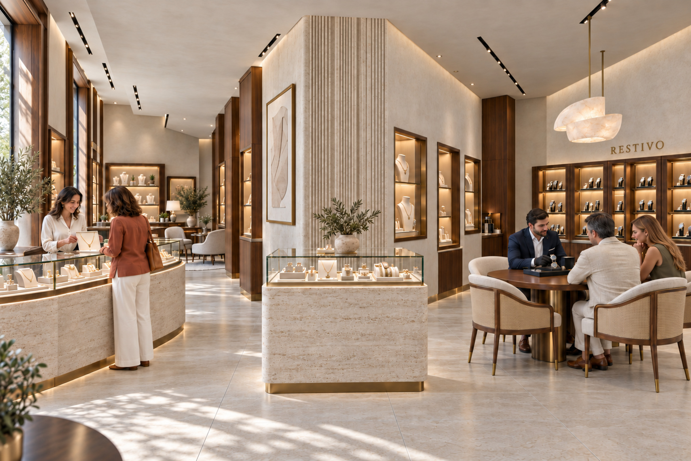 Interno immaginato per Restivo, con consulenze su gioielli e orologi in un ambiente mediterraneo.