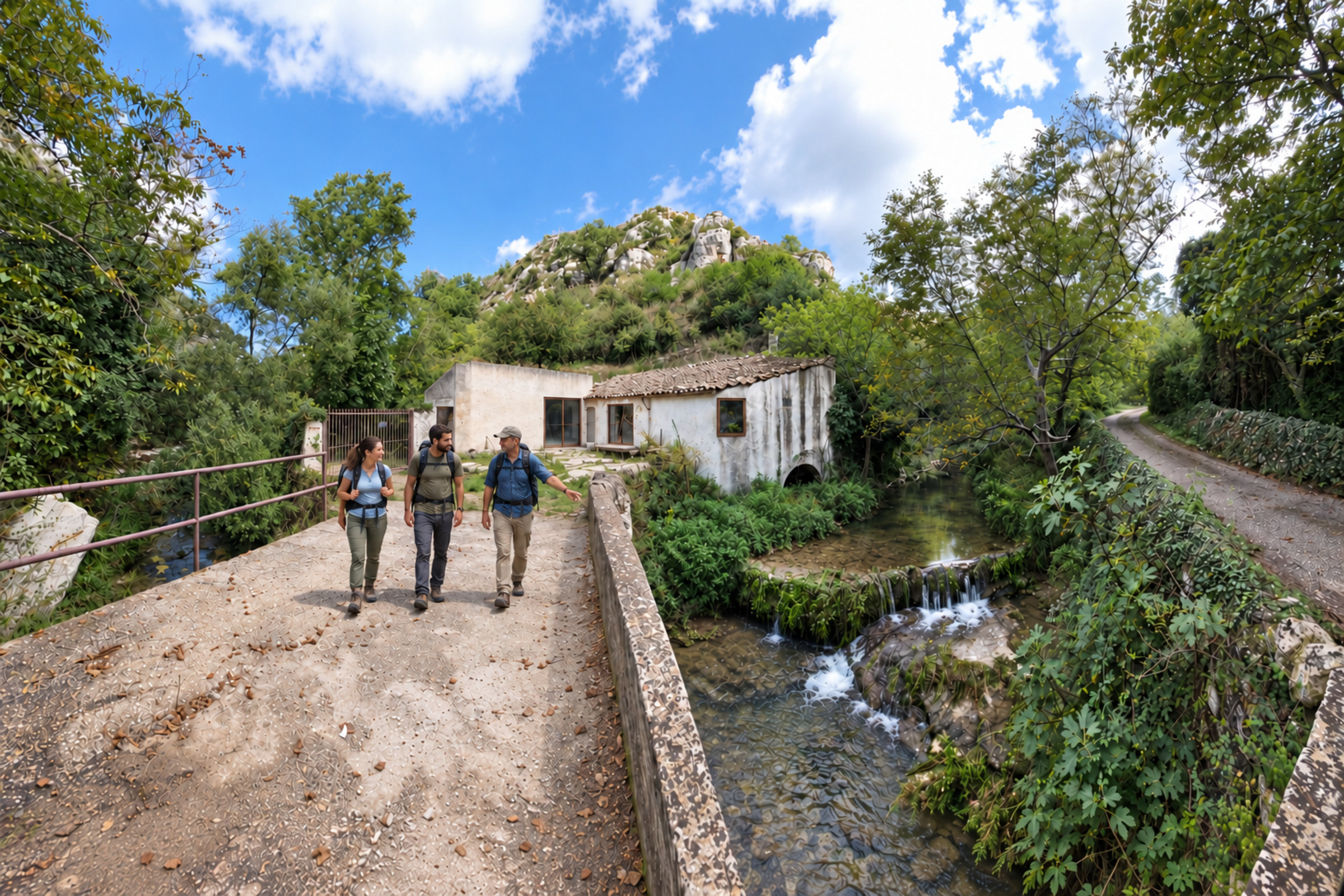 Tre escursionisti sul ponte presso il Mulino della Scala e il corso d’acqua.