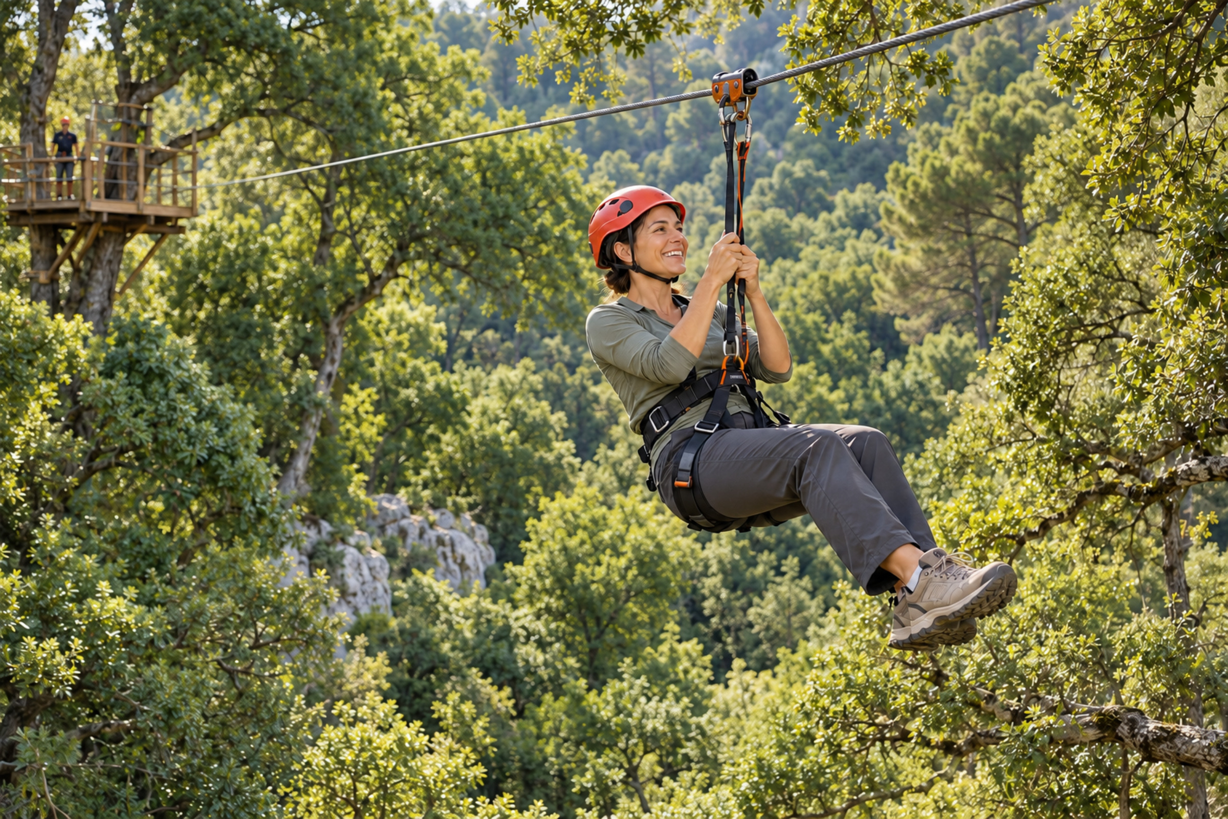 Una partecipante percorre la zipline fra gli alberi del bosco.