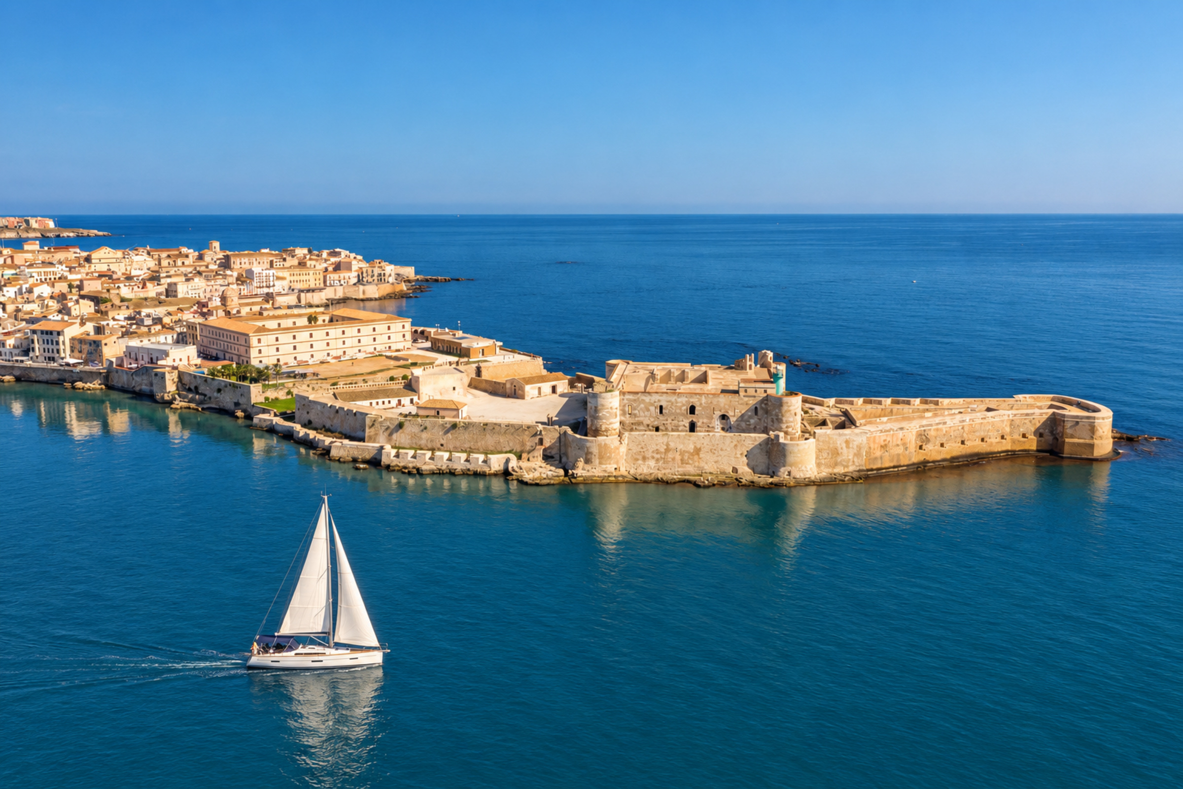 Veduta del Castello Maniace e di Ortigia, con una barca a vela nel mare.