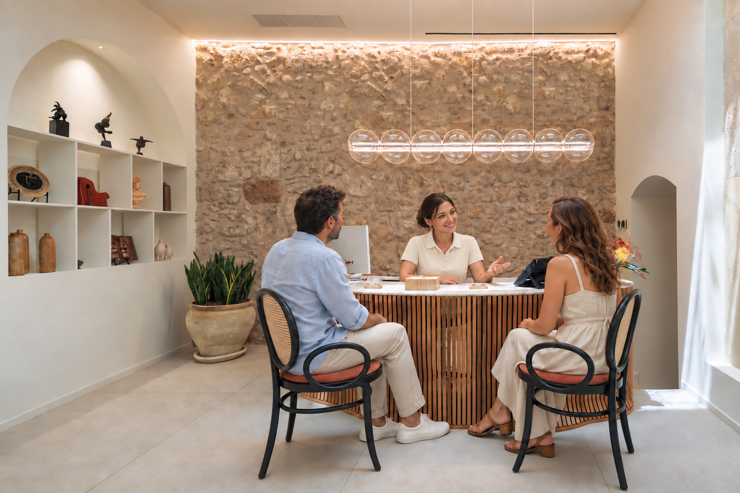 Una receptionist in polo panna accoglie due ospiti seduti al banco ligneo della reception.