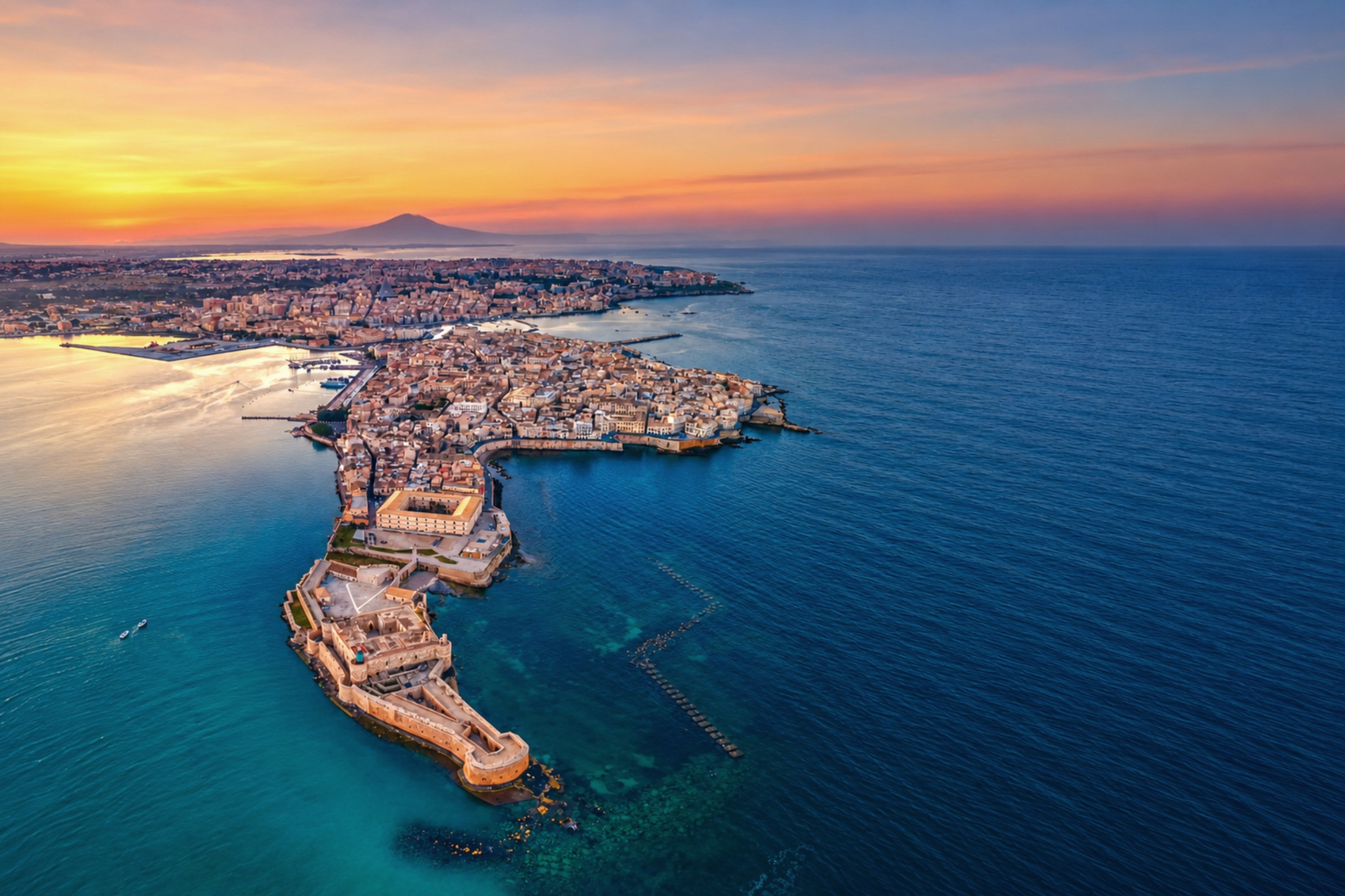 Veduta aerea di Ortigia circondata dal mare.