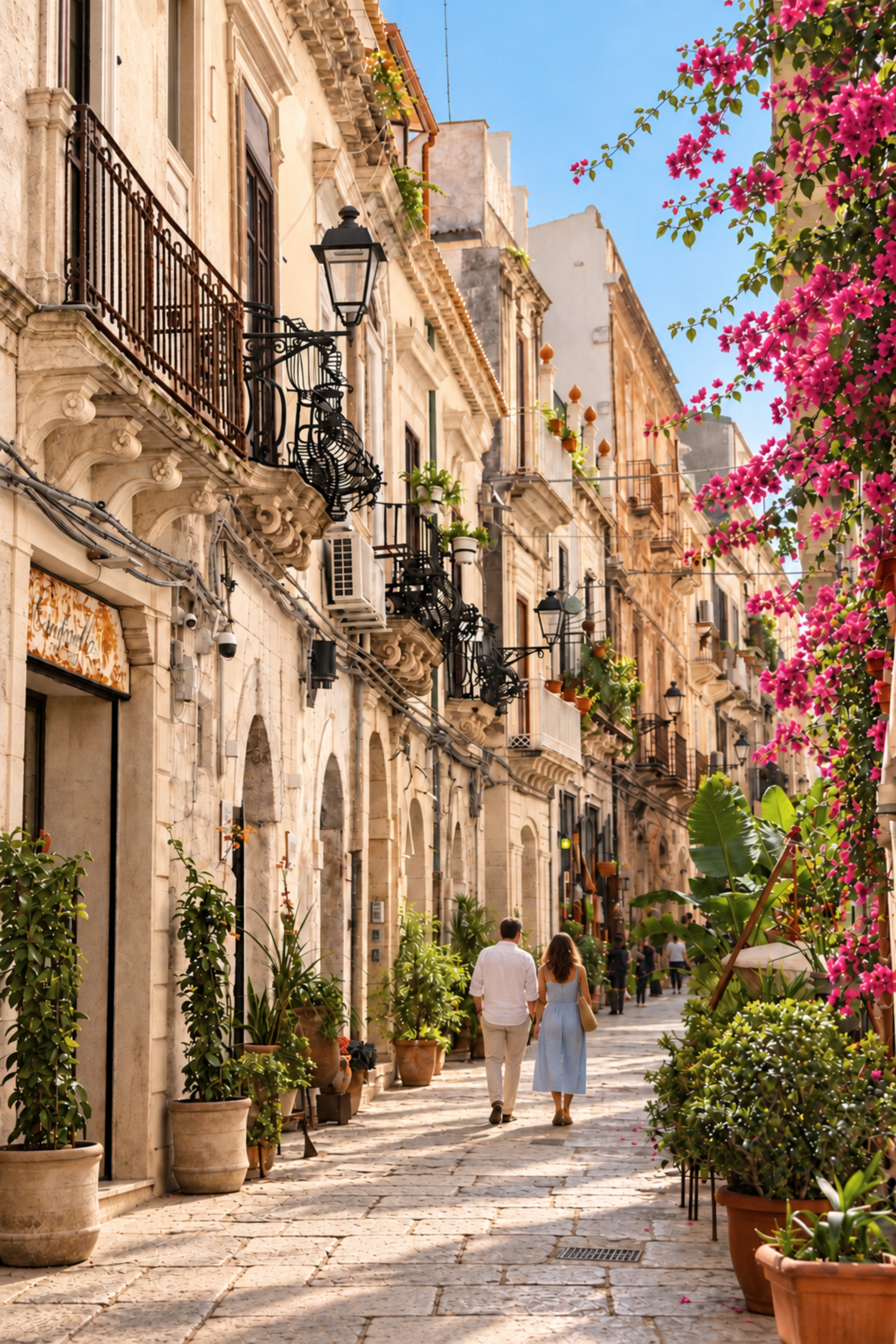 Passeggiata in una strada di Ortigia, fra pietra chiara e bougainvillea.