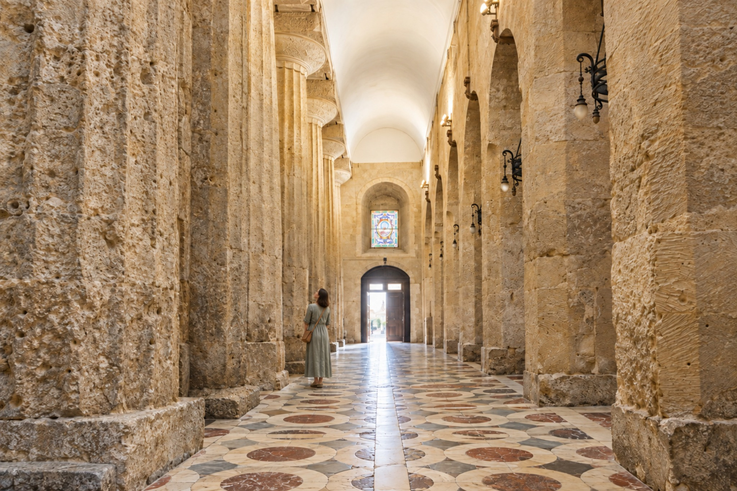 Colonne antiche e navata all’interno della cattedrale di Siracusa.