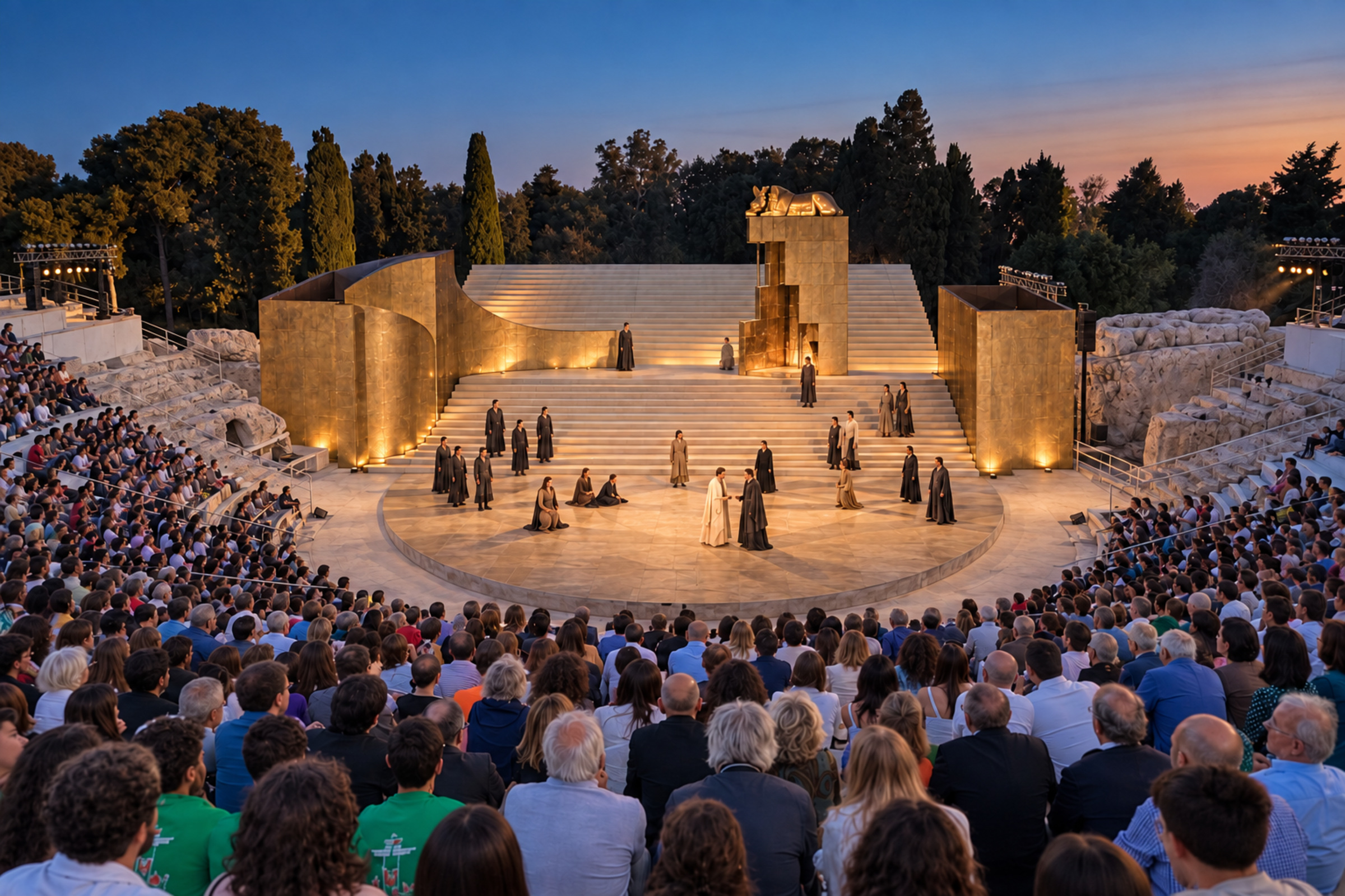 Pubblico e scena illuminata al Teatro Greco di Siracusa.