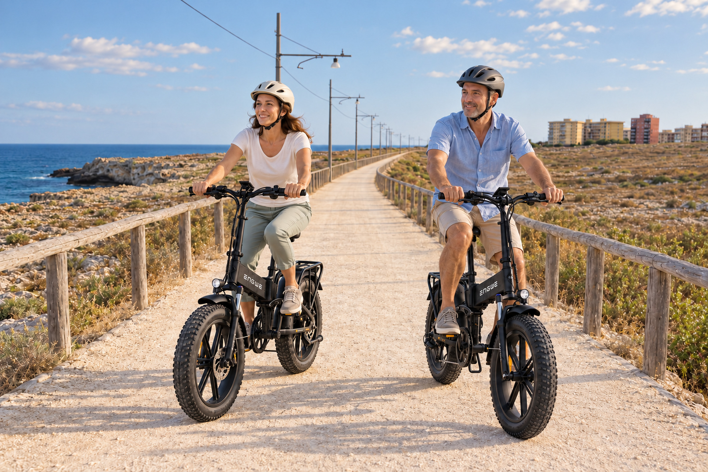 Due persone in bicicletta elettrica sulla pista costiera di Siracusa.